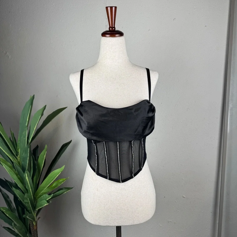 Girly Grunge Festival Black Cropped Rhinestone Windsor Corset Top Women S NWT